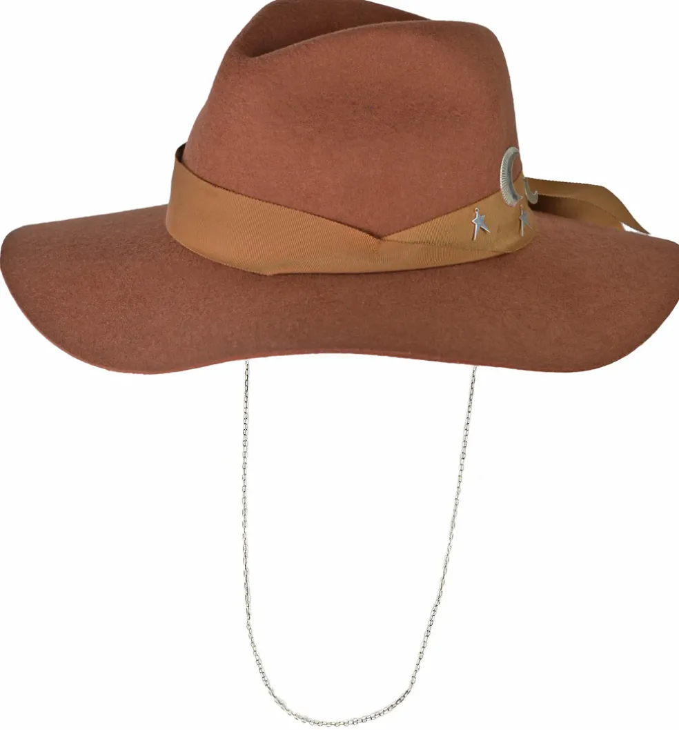 Classic long brim hat with silver chain embellished with moon and stars
