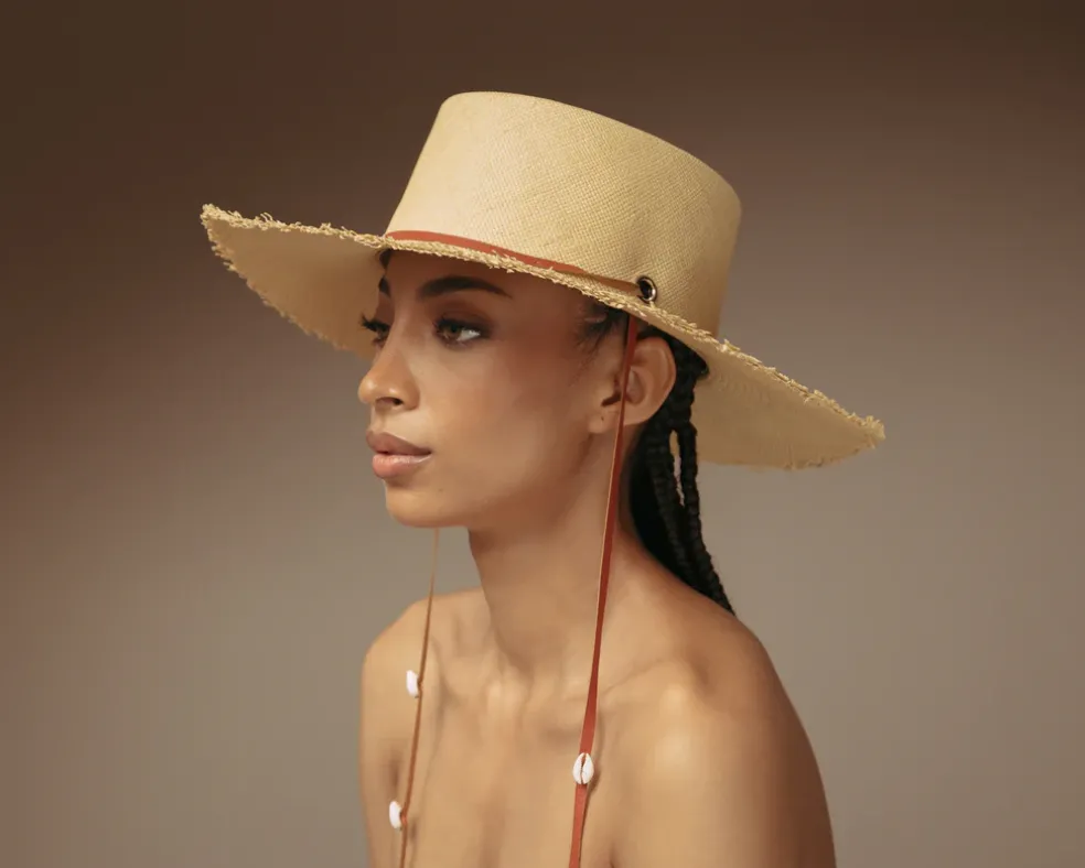 Long Brim Cordovan hat with Leather & Seashells band
