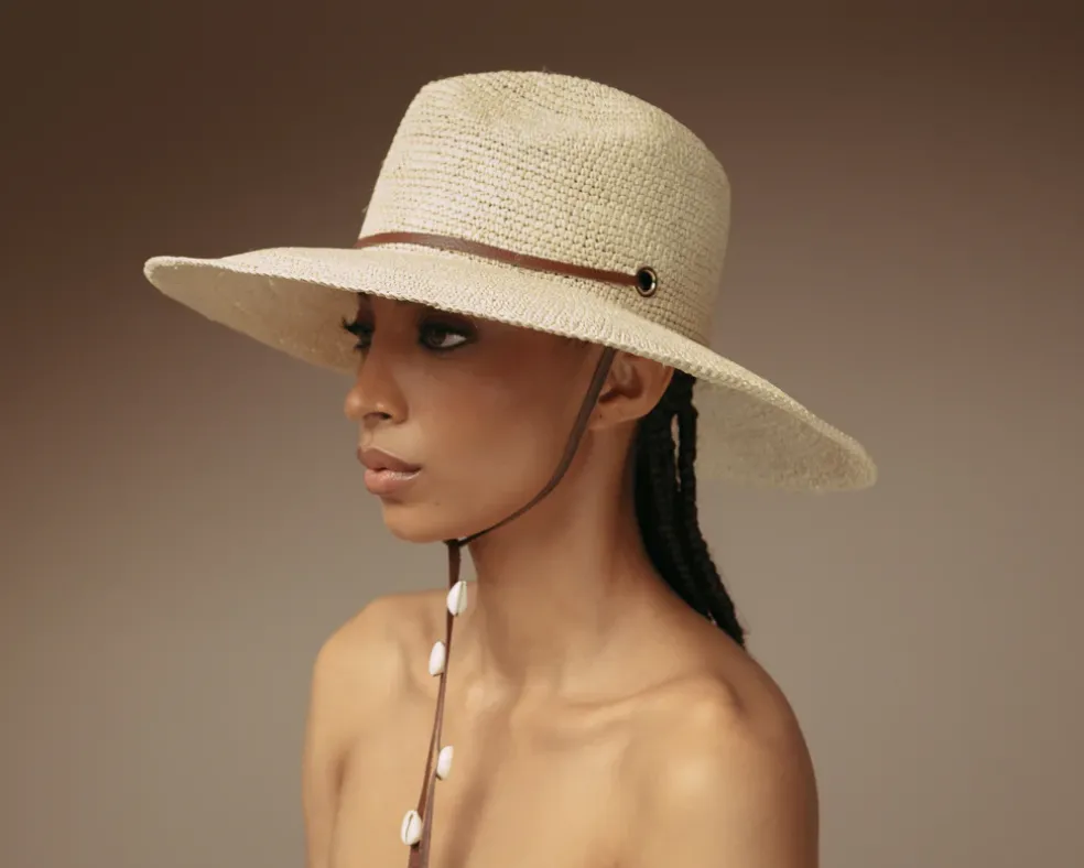 Long Brim Crochet Panama hat with Adjustable Leather band