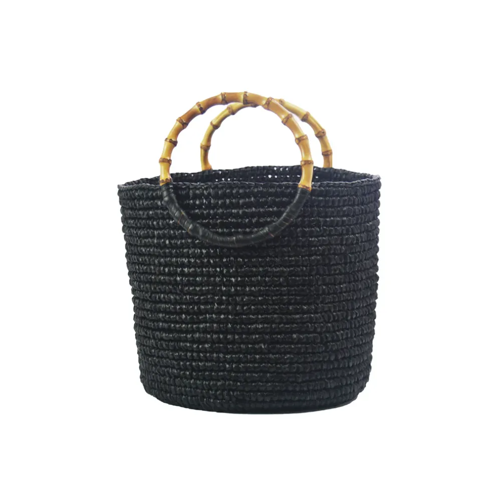 Medium Tote Woven Straw Solid with Bamboo Handle